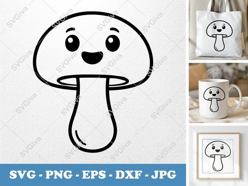 Mushroom SVG Kawaii Face, Cute Fungi Clipart, Outline Vector | PNG EPS DXF for Cricut, Silhouette, Shirt Design