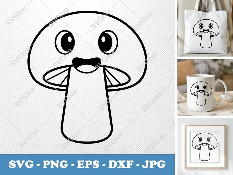 Mushroom SVG Kawaii Face Outline | PNGCut File, EPS, DXF for Cricut, Silhouette | Cute Fungi Vector Clipart