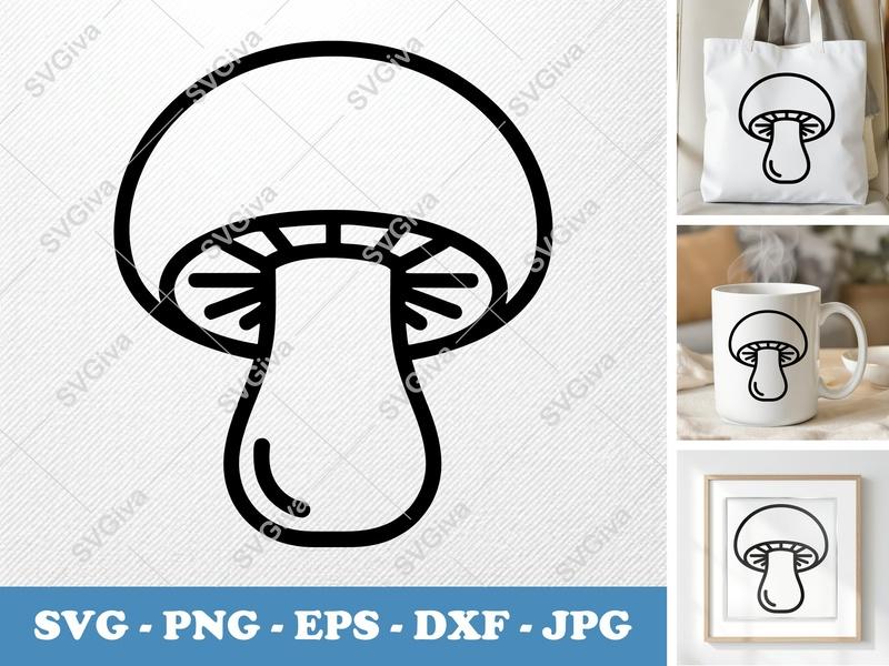 Mushroom SVG | Modern Clean Outline | PNG EPS DXF Cut File for Cricut, Silhouette | Minimalist Fungi Clipart