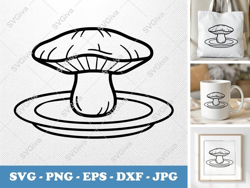 Mushroom SVG Outline, Modern Fungi Clipart, Food PNG EPS DXF for Cricut Silhouette, Botanical Kitchen Vector Cut File