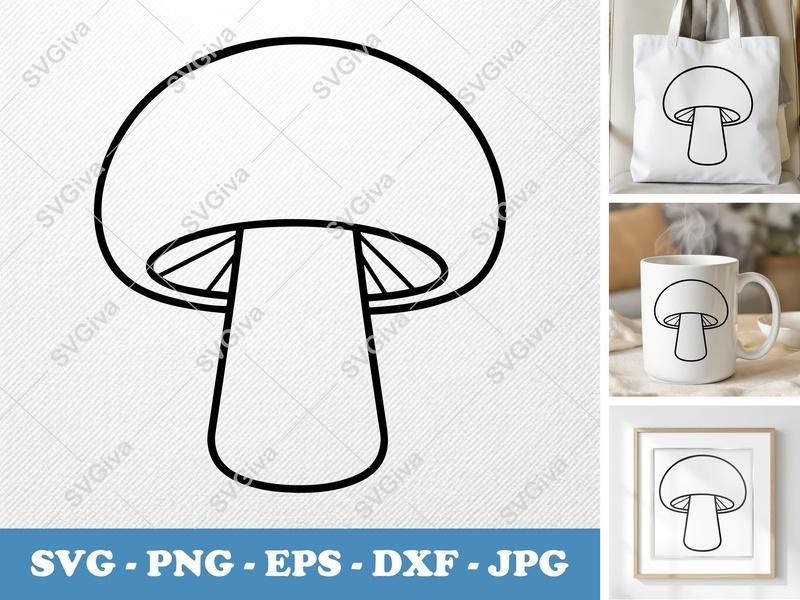 Mushroom SVG | Simple Minimalist Outline | Bold Black Contour, Clean White Fill | PNG DXF EPS | Cricut Silhouette Cut File