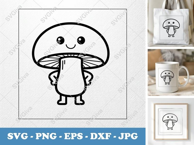 Mushroom with smiling face SVG | Kawaii Double-Outline Cut File | Thick Contour Minimalist Design | PNG DXF EPS for Cricut Silhouette