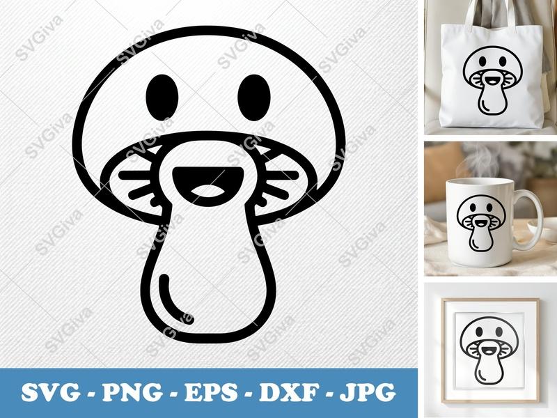 Mushroom with Smiling Face SVG PNG DXF EPS | Cricut Silhouette Cut File | Cute Fungi Vector Art