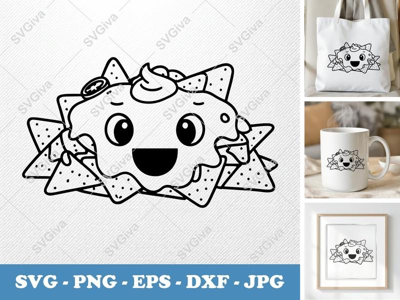 Nachos Kawaii SVG | Cute Chip PNG EPS DXF | Food Clip Art for Cricut & Silhouette | Snack Doodle Vector File