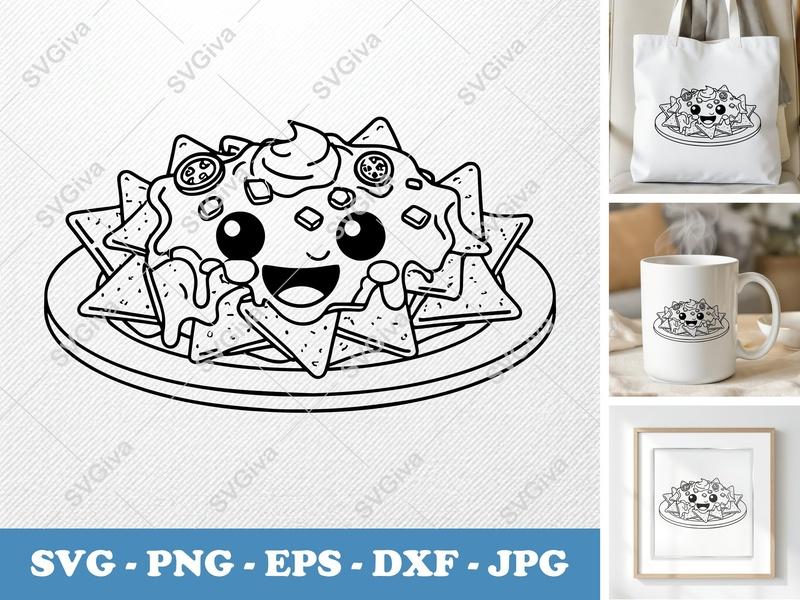 Nachos SVG, Kawaii Food Clip Art, Cute Nacho Plate Design, PNG EPS DXF for Cricut & Silhouette, Snack Vector
