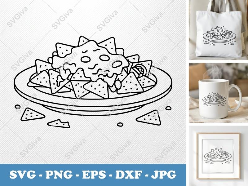 Nachos SVG | Modern Clean Line Art, Cartoon Nachos with Cheese | PNG EPS DXF for Cricut, Silhouette | Food Clip Art