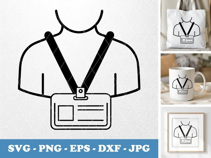 Name Tag in active use SVG, ID Card on Lanyard Cut File, Bold Black Contour PNG EPS DXF for Cricut Silhouette