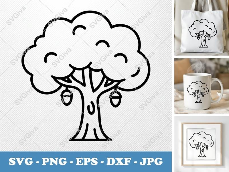 Oak Tree alone SVG, Acorn Outline, Cartoon Line Art, PNG EPS DXF for Cricut & Silhouette, Friendly Forest Clipart