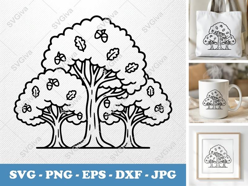 Oak Tree in a group SVG | Bold Outline Acorn Leaf Clipart | PNG EPS DXF | Cricut Silhouette Cut File