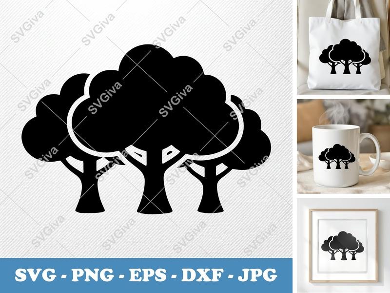 Oak Tree in a group SVG | Puffy Soft Shapes PNG EPS DXF | Cricut Silhouette File | Nature Forest Landscape Clipart