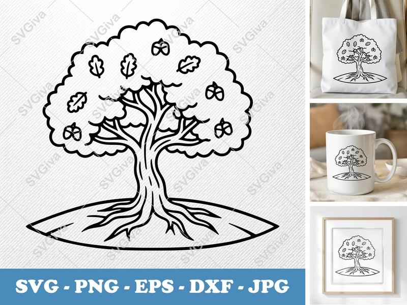 Oak Tree on a piece of land SVG | Bold Outline, Simple Oak Leaves & Acorns | PNG EPS DXF | Cricut Silhouette File