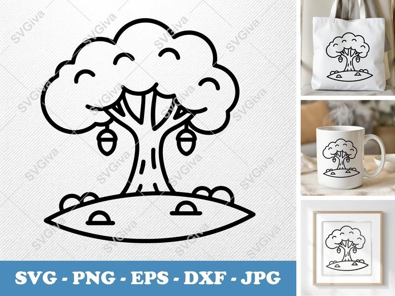 Oak Tree on a piece of land SVG, Rounded Body Acorn Tree, Friendly Bean Shape Art | PNG EPS DXF for Cricut Silhouette