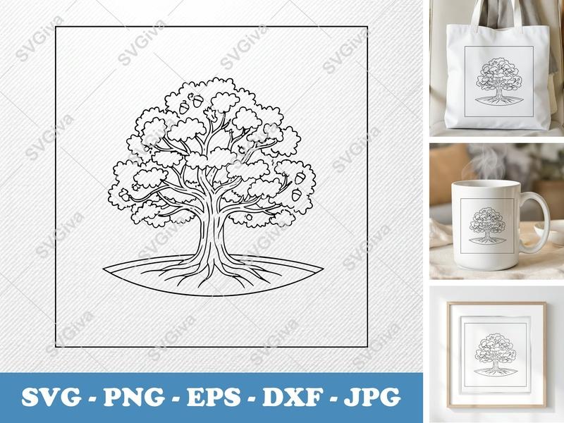Oak Tree SVG | Acorn Tree Cut File, Modern Woodland Design | PNG EPS DXF for Cricut, Silhouette
