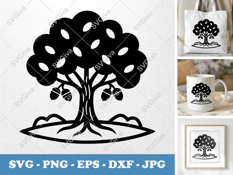 Oak Tree SVG | Modern Acorn Tree Cut File | PNG EPS DXF | Cricut Silhouette Ready | Nature Forest Design