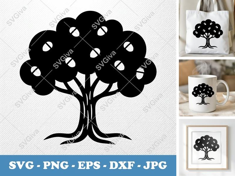 Oak Tree SVG | Modern Clean Acorn Design | PNG EPS DXF | Cricut Silhouette Cut File