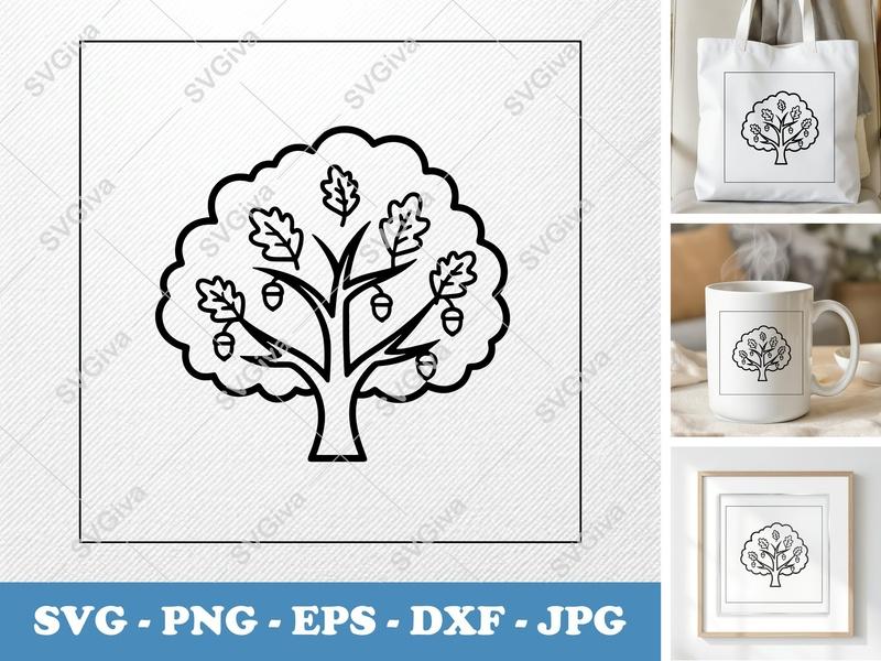 Oak Tree SVG, Modern Clean Design, Acorns Leaves Cut File | PNG EPS DXF for Cricut Silhouette