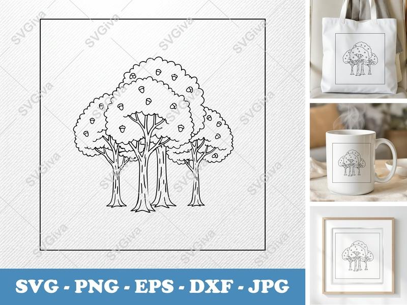 Oak Tree SVG | Modern Forest Acorn Design | PNG, EPS, DXF | Cricut, Silhouette Cut File
