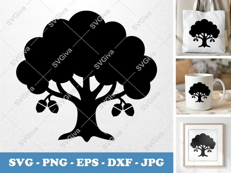 Oak Tree SVG with Acorns | Modern Silhouette Vector | PNG, EPS, DXF for Cricut & Silhouette Cut Files