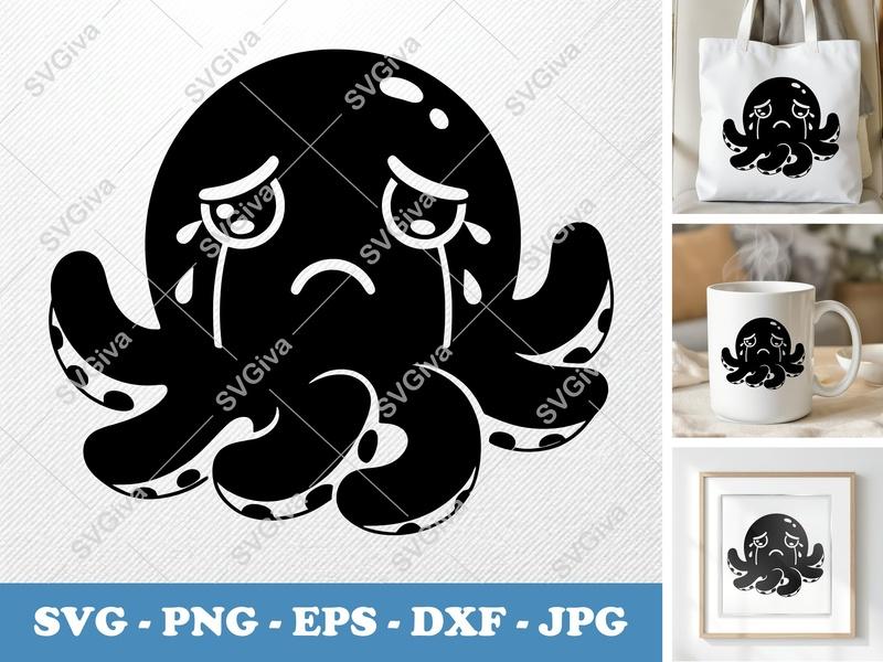 Octopus Crying SVG | Sad Kawaii Ocean Animal PNG EPS DXF | Cricut & Silhouette Cut File | Cute Marine Life Vector Art