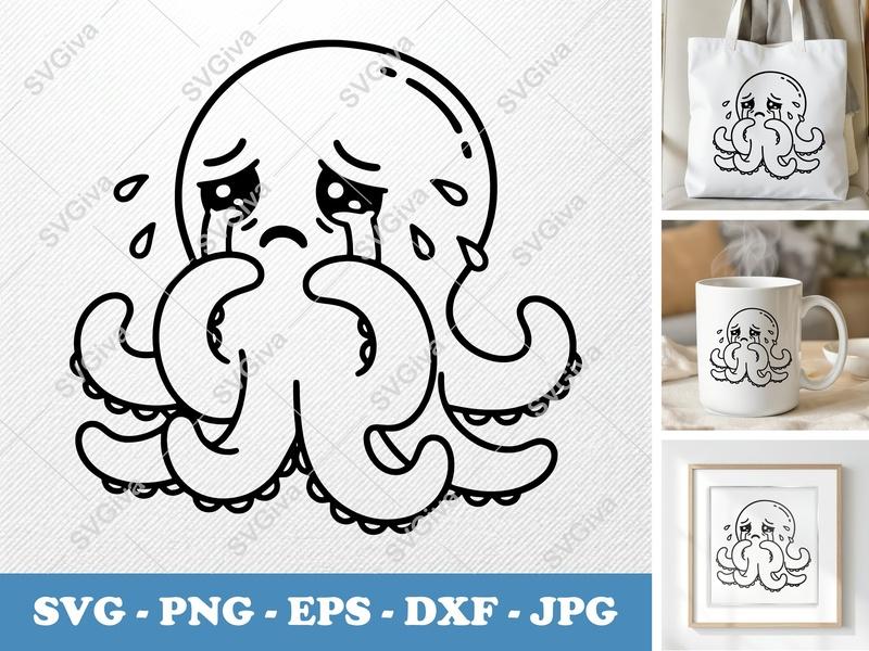 Octopus Crying SVG, Sad Kawaii Octopus PNG EPS DXF, Cute Marine Animal Cut File for Cricut | Silhouette