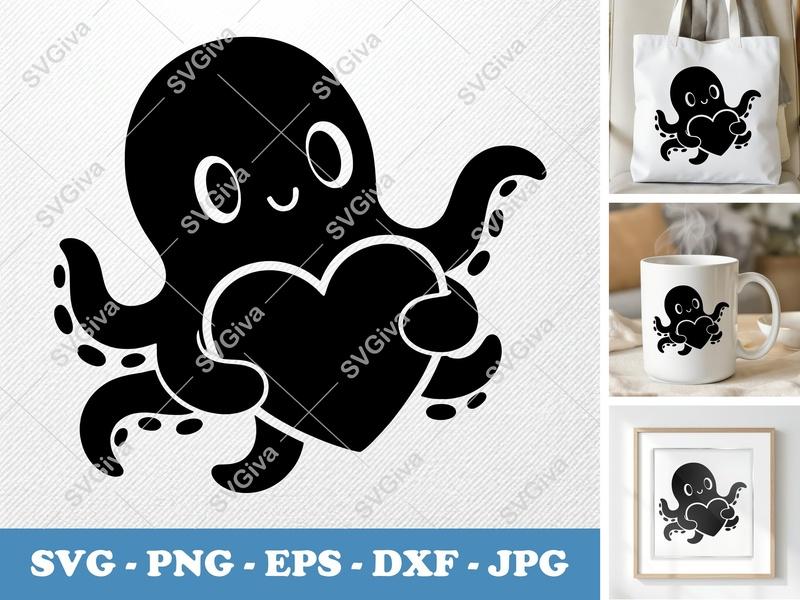 Octopus Holding Heart SVG | Puffy Shapes Design | PNG DXF EPS | Cricut Silhouette File