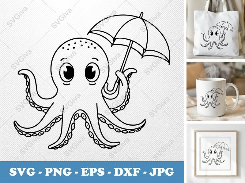 Octopus Holding Umbrella SVG PNG DXF EPS | Ocean Animal Cut File Cricut Silhouette