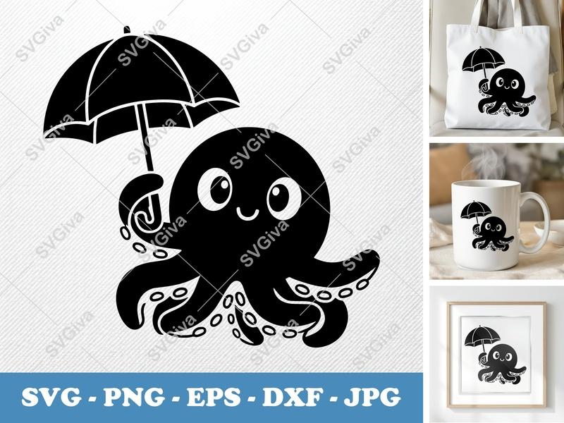 Octopus Holding Umbrella SVG | Puffy Soft Forms | PNG DXF EPS | Cricut Silhouette Cut File