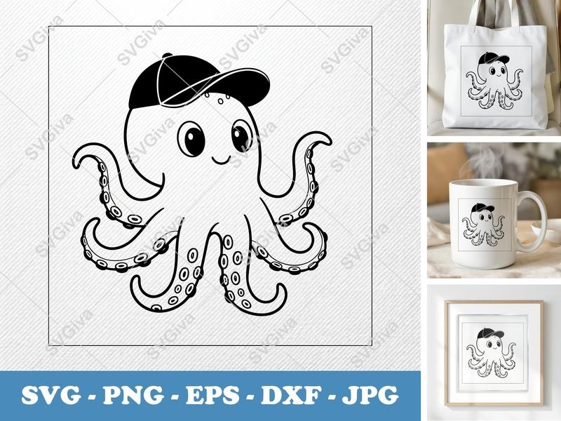 Octopus in a Cap SVG PNG DXF EPS | Cute Ocean Animal Cut File for Cricut Silhouette