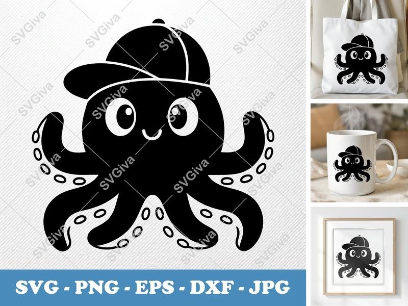 Octopus in a Cap SVG | Puffy Soft Shapes | Inflated Pillow-Soft Design | PNG DXF EPS | Cricut Silhouette File