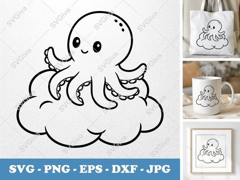 Octopus on Cloud SVG | Chubby Cartoon Style | Rounded Body, Friendly Bean Forms PNG DXF EPS | Cricut Silhouette File