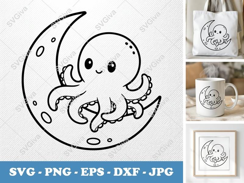 Octopus on Moon SVG | Friendly Rounded Body Bean-Shaped Cut File | PNG DXF EPS | Cricut Silhouette Ready