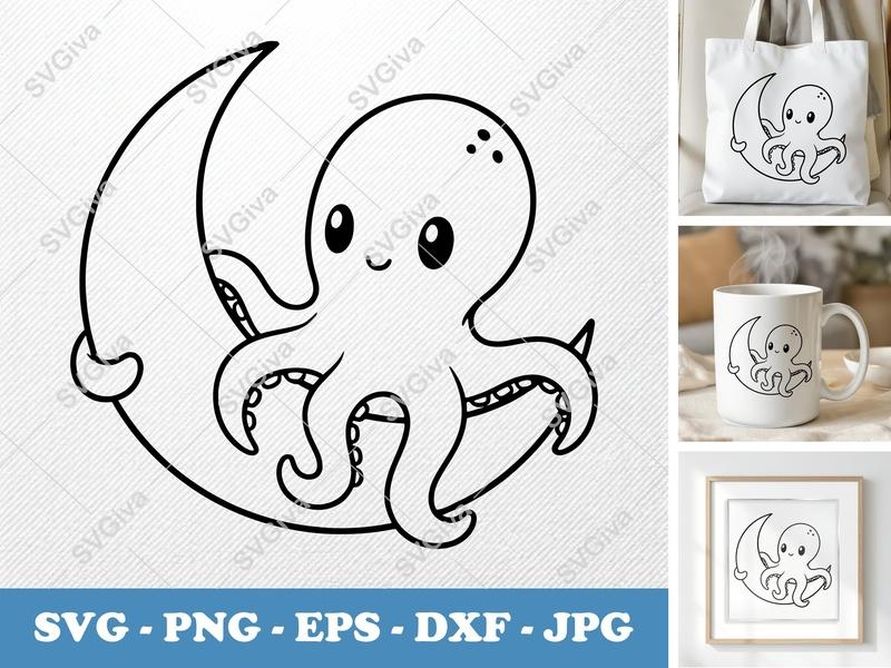 Octopus on Moon SVG | Minimalist Bold Contour Cut File | PNG DXF EPS | Cricut Silhouette Ocean Animal