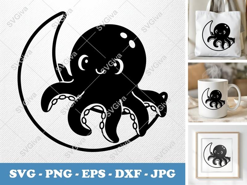 Octopus on Moon SVG | Puffy Pillow-Soft Design | PNG DXF EPS | Cricut Silhouette File