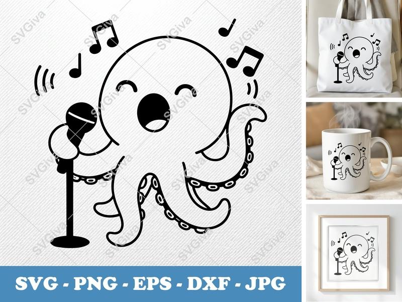 Octopus Singing SVG PNG DXF EPS | Cute Ocean Music Cut File for Cricut Silhouette