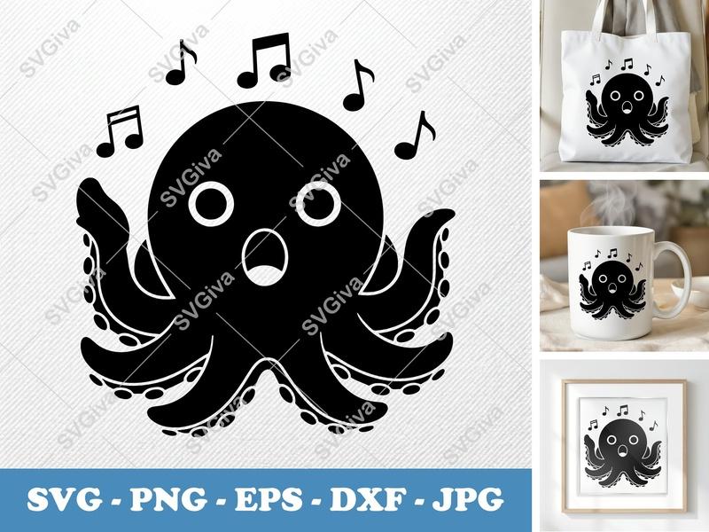 Octopus Singing SVG | Puffy Soft Melody Cut File | Cricut Silhouette | PNG DXF EPS | Kawaii Sea Music Art