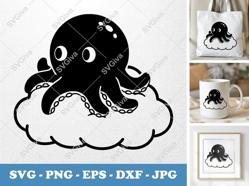 Octopus Sitting on a Cloud SVG | Puffy Cartoon Design | PNG DXF EPS | Cricut Silhouette File
