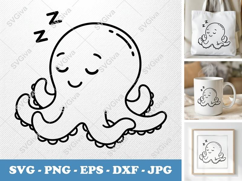 Octopus Sleeping SVG | Friendly Rounded Bean-Shaped Design | PNG DXF EPS | Cricut Silhouette File