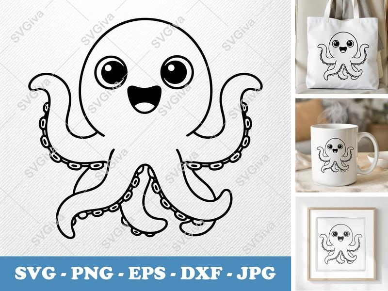 Octopus Smiling Happily SVG PNG DXF EPS | Cute Ocean Animal Cut File for Cricut Silhouette