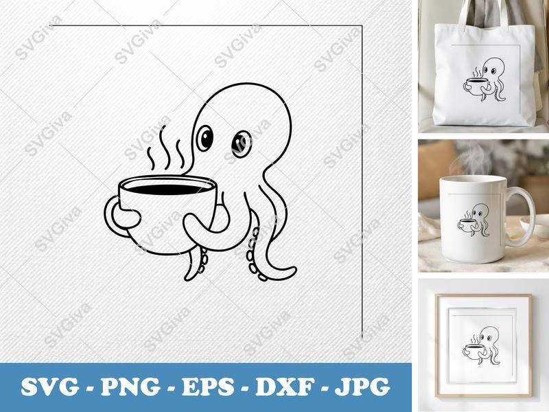 Octopus SVG Coffee Lover | Cute Ocean Animal Cut File for Cricut, Silhouette | PNG EPS DXF | Drink Mug Design