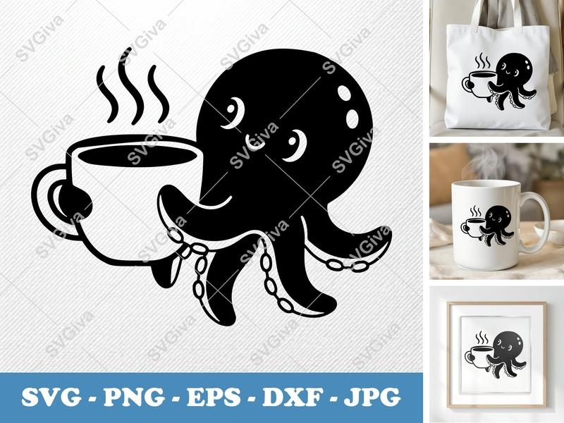 Octopus SVG, Coffee Mug Cut File, Cute Octopus Drinking Coffee, PNG EPS DXF for Cricut, Silhouette, Modern Ocean Animal
