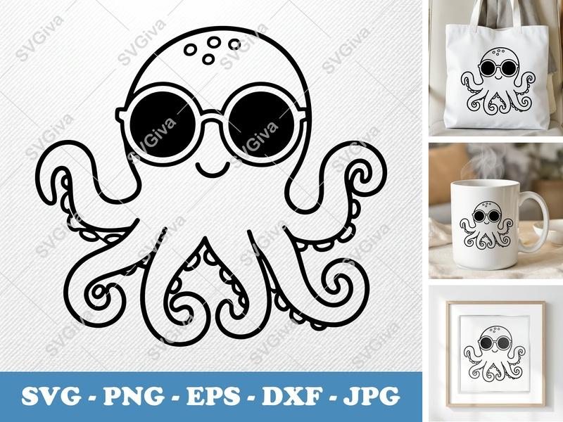 Octopus SVG | Cool Ocean Animal with Sunglasses PNG EPS DXF | Cricut Silhouette Cut File, Modern Sea Creature Design