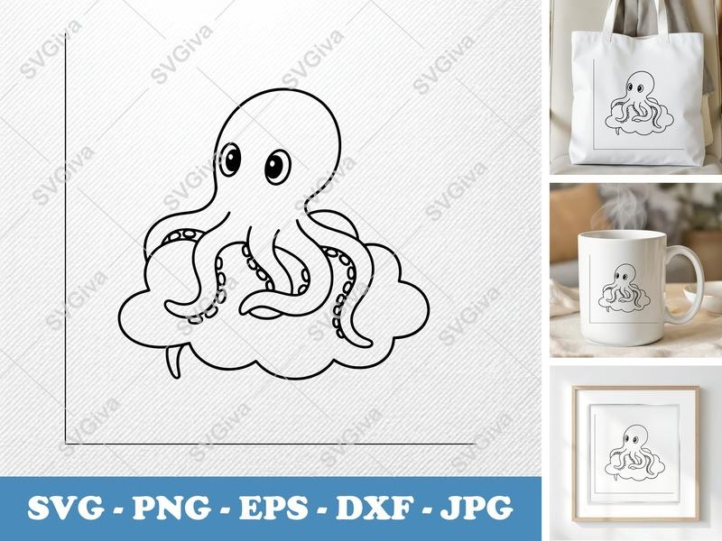Octopus SVG | Cute Baby Ocean Animal Cut File | PNG EPS DXF for Cricut Silhouette, Nautical Sea Creature Clipart