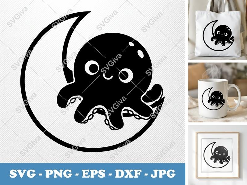 Octopus SVG | Cute Baby Octopus Moon Kawaii | PNG EPS DXF | Cricut Silhouette Cut File | Modern Kids Design