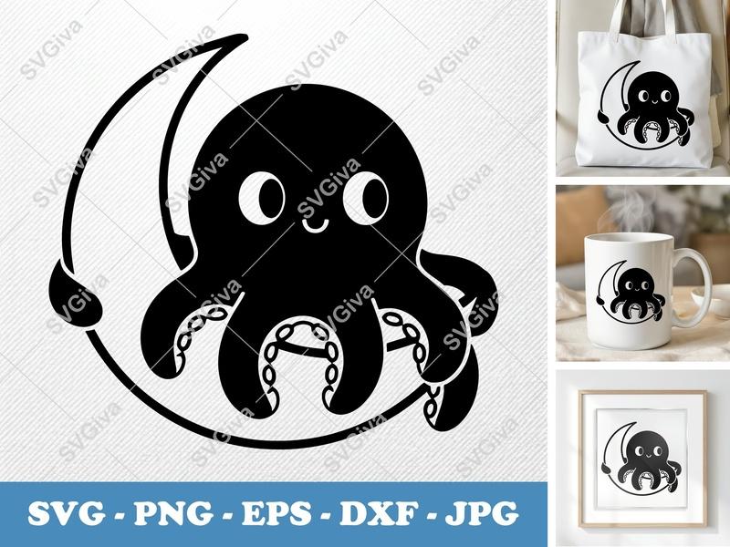 Octopus SVG | Cute Baby Octopus with Moon | Cartoon Sea Creature Cut File for Cricut, Silhouette | PNG, EPS, DXF