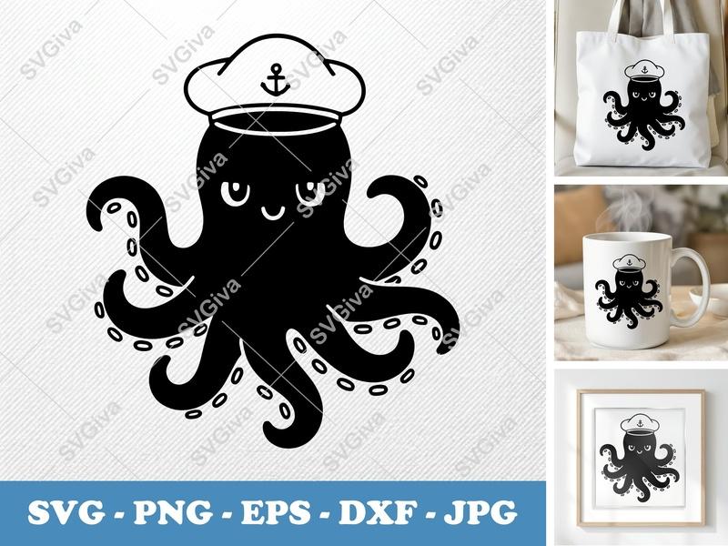 Octopus SVG, Cute Captain Octopus with Hat, Anchor | PNG EPS DXF | Cricut Silhouette Cut File, Nautical Sea Ocean