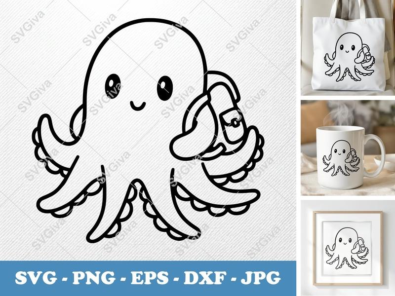 Octopus SVG, Cute Cartoon Octopus with Backpack | PNG EPS DXF | Cricut Silhouette Cut File, Ocean Animal Clipart