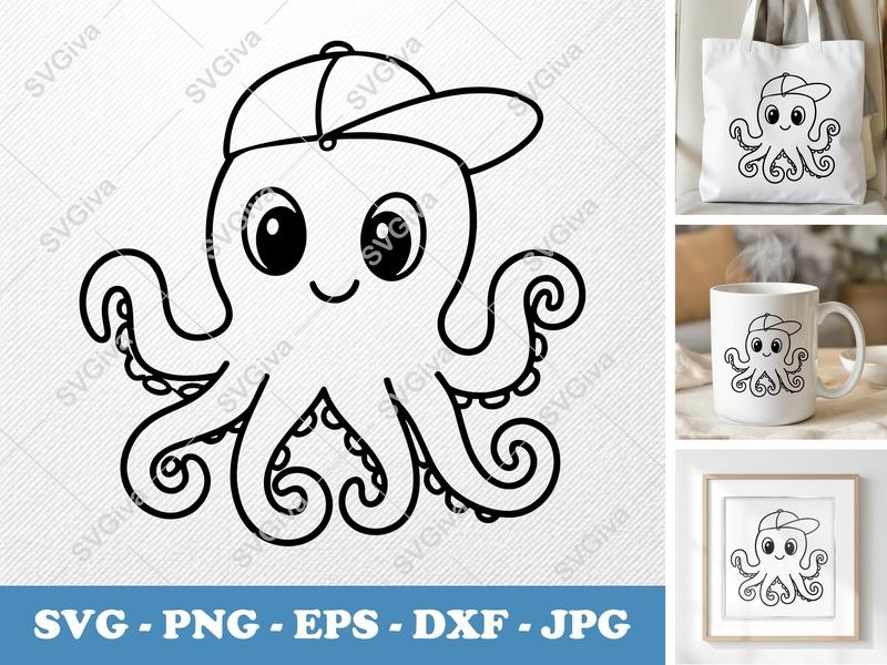 Octopus SVG, Cute Cartoon Octopus with Hat, Baby Sea Animal PNG EPS DXF for Cricut, Silhouette, Kids Craft, Ocean Life Clipart