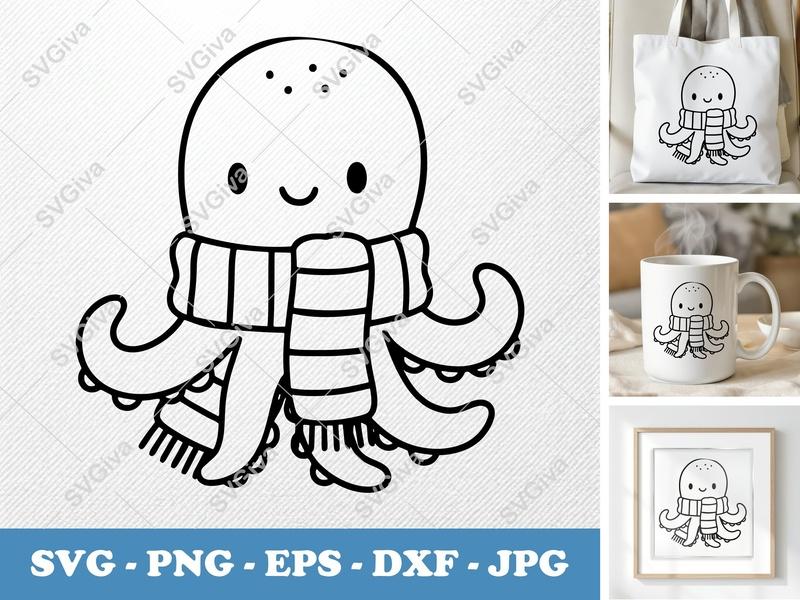 Octopus SVG | Cute Cartoon Scarf Design | Modern Minimalist Sea Animal | PNG EPS DXF | Cricut Silhouette File