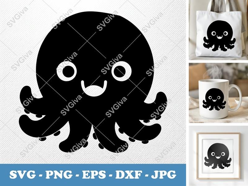 Octopus SVG | Cute Cartoon Sea Animal Design | Marine Life Cut File | PNG EPS DXF for Cricut Silhouette