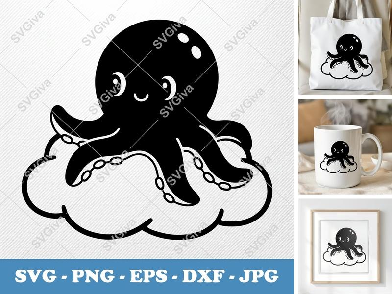 Octopus SVG, Cute Cartoon Sea Animal, Modern Marine Life, PNG EPS DXF | Cricut & Silhouette Cut File, Ocean Creature Vector